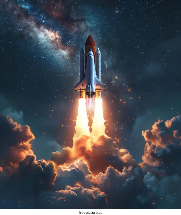 Space Shuttle Atlantis launching into the starry sky