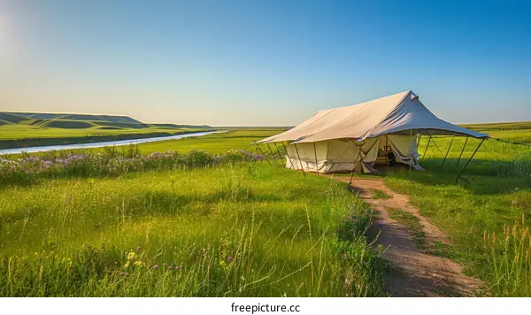 Luxury camping tent in the middle of the grassland