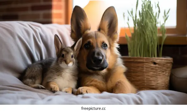 A German Shepherd Dog and a Rabbit on a Couch