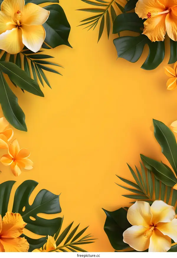 Yellow Tropical Flowers and Leaves on Yellow Background