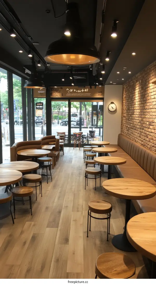 Modern Cafe Interior Design with Wooden Tables and Chairs