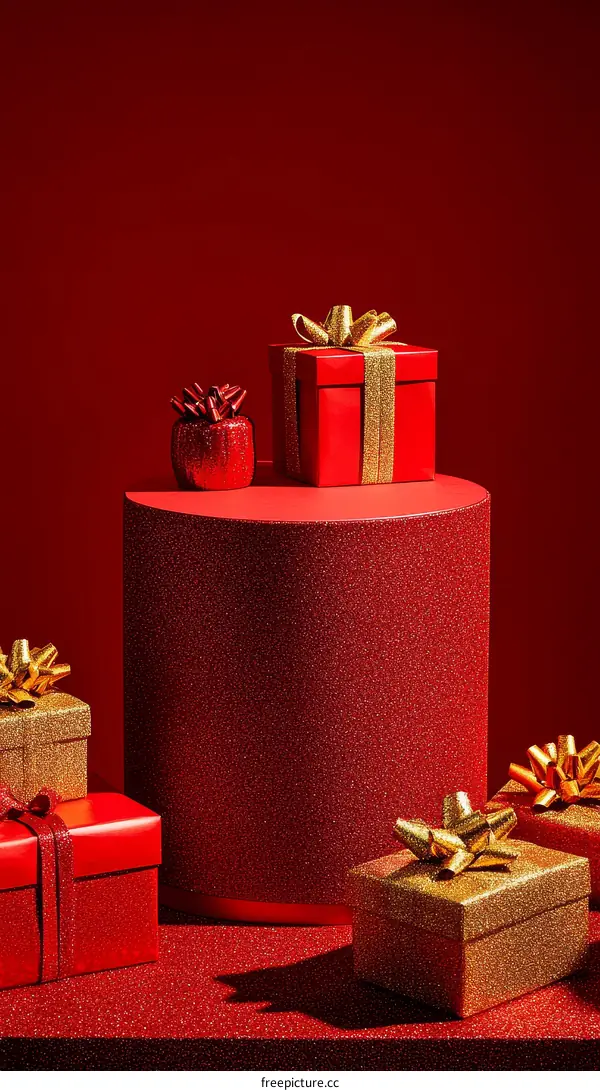 Red and Gold Gift Boxes on a Red Display