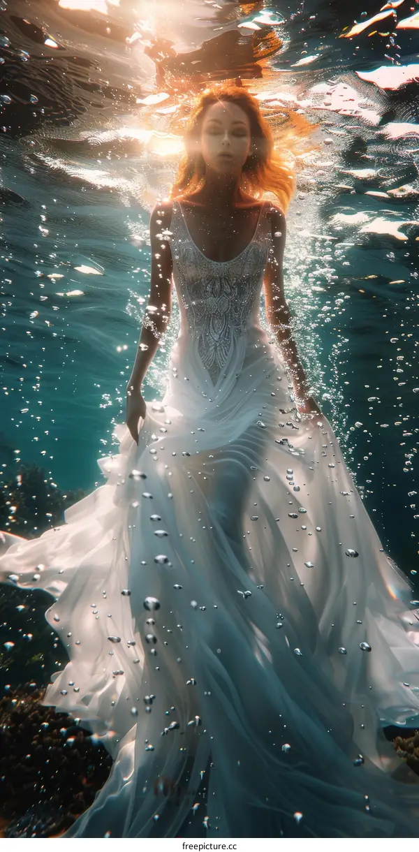 Ethereal Underwater Portrait of a Woman in a White Dress