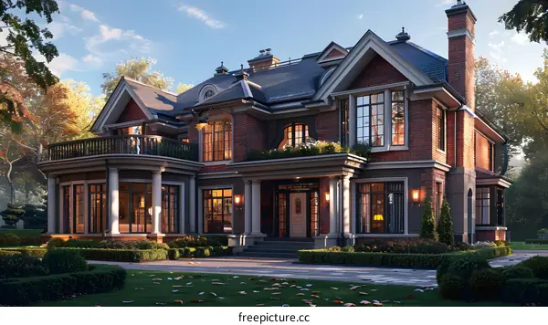 Luxury Brick Home with Large Windows and a Grand Entrance