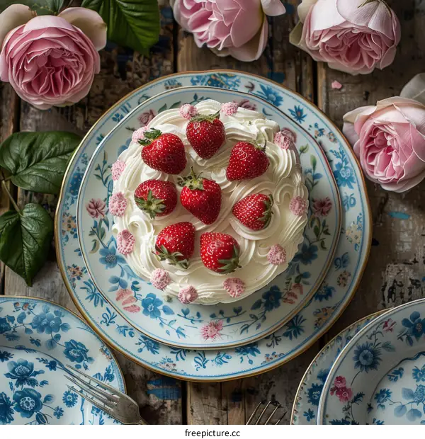 Strawberry Cream Cake with Roses and Plates