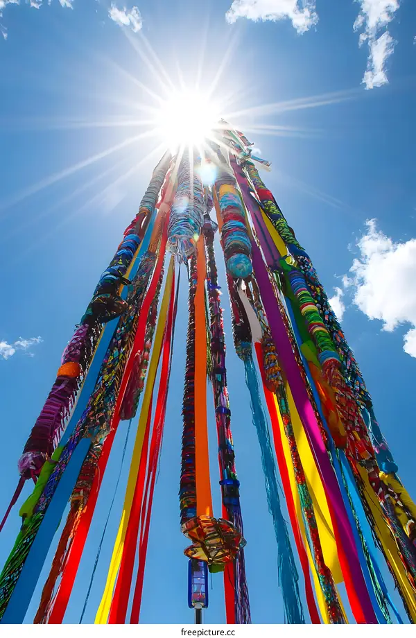 Colorful Ribbons Tied To A Pole Against A Blue Sky
