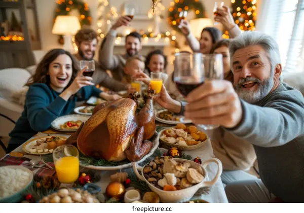 Family Christmas dinner celebration with traditional food and drinks