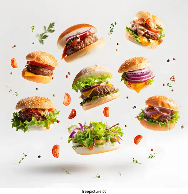 Various tasty burgers with flying ingredients