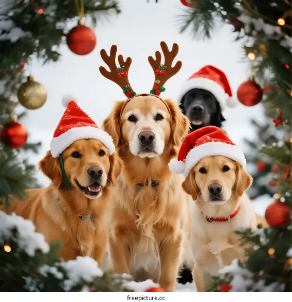 Golden Retrievers Wearing Santa Hats and Reindeer Antlers Near Christmas Tree