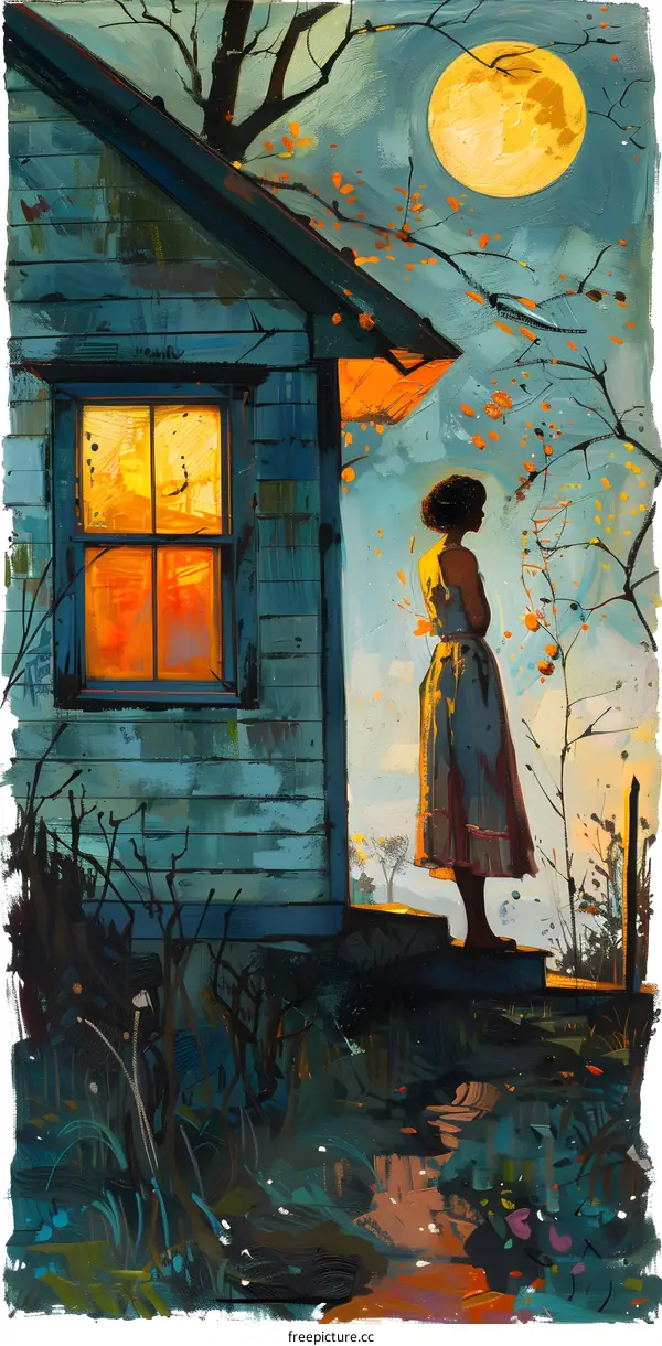 A woman standing on the porch of a house looking at the moon