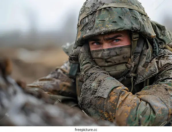 Portrait of a soldier in the mud