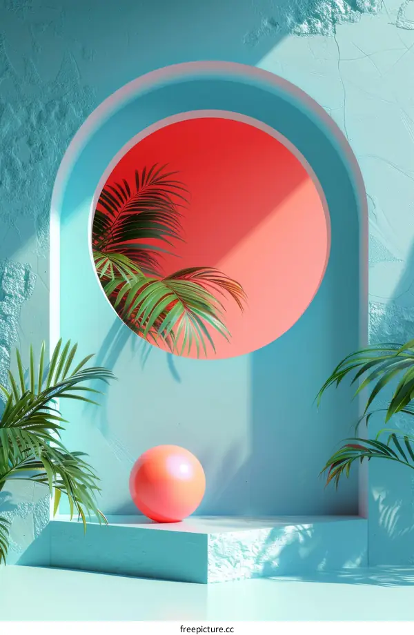 Blue and Pink 3D Geometric Podium Scene with Tropical Summer Palm Leaves