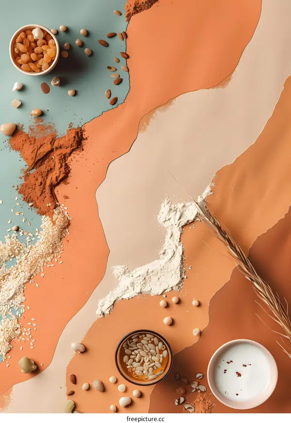 Flat Lay of Different Grains and Powders on Colorful Background