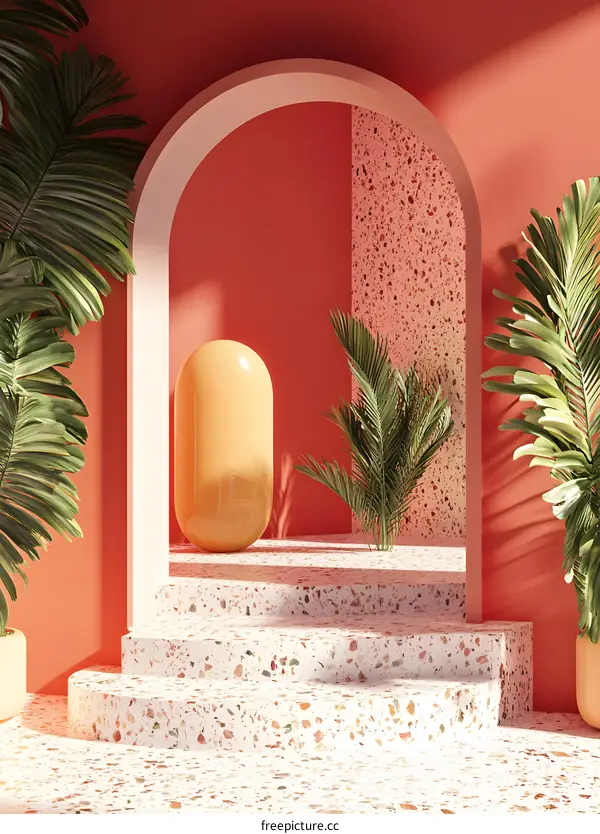 Minimalist 3D Render with Archway, Terrazzo Floor and Palm Trees
