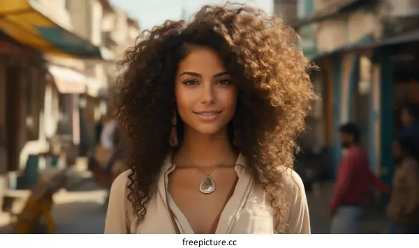 Portrait of a beautiful young woman with curly hair smiling wearing a brown shirt and silver necklace