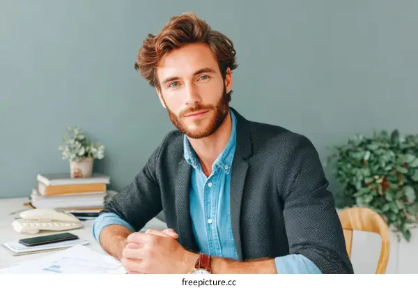 Confident Caucasian Businessman at Workplace