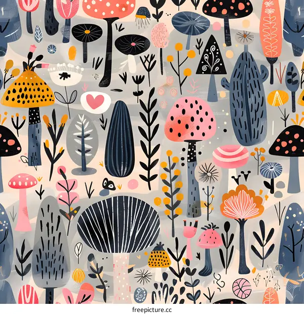 Abstract Seamless Pattern with Colorful Mushrooms and Plants