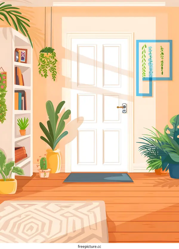 Modern Home Entrance With Green Plants And White Door