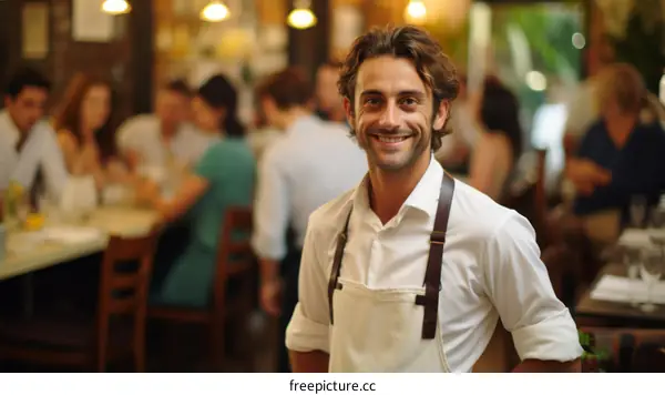 Portrait of a smiling waiter in a busy restaurant