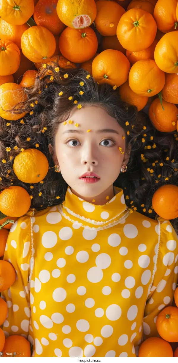 A Young Woman Surrounded by Oranges