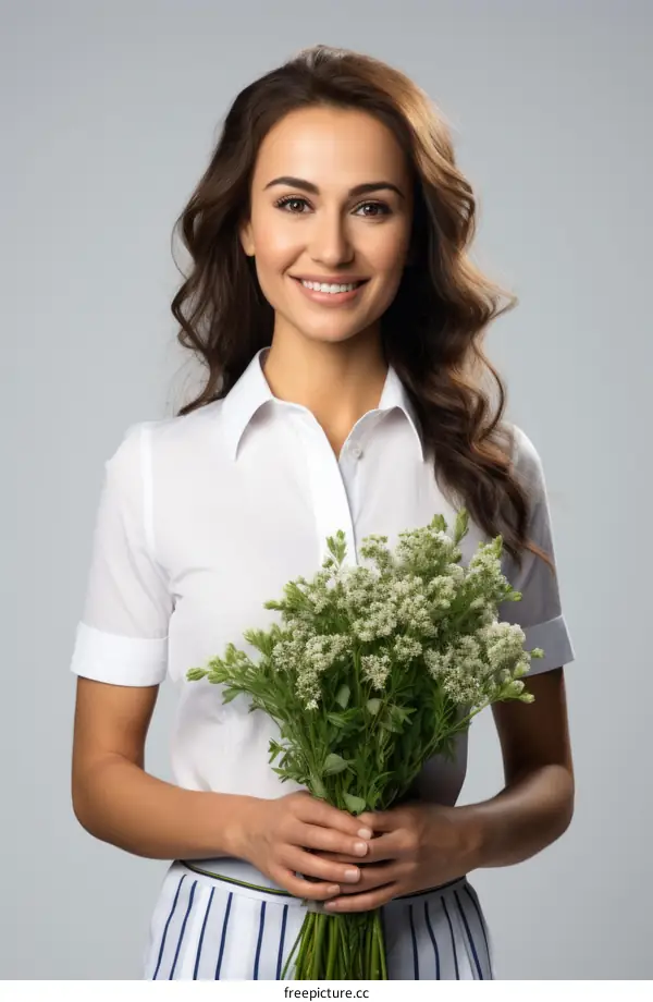 A beautiful young woman in a white shirt is holding a bouquet of white flowers.