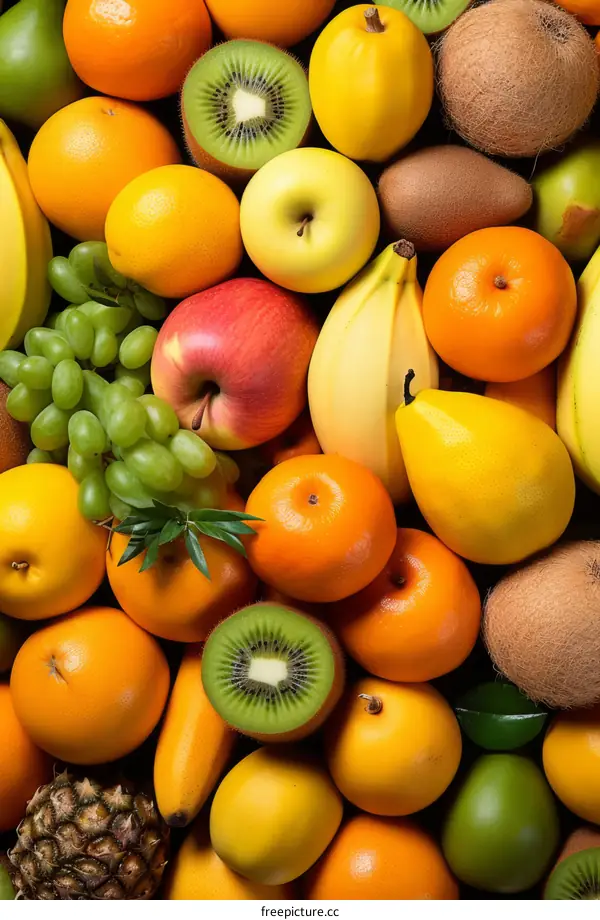 A variety of fruits including apples, oranges, bananas, grapes, and kiwis