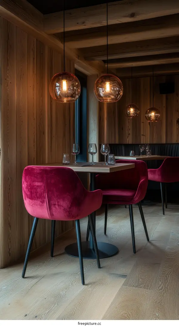 Cozy Restaurant Interior Design with Rustic Wooden Walls and Maroon Chairs