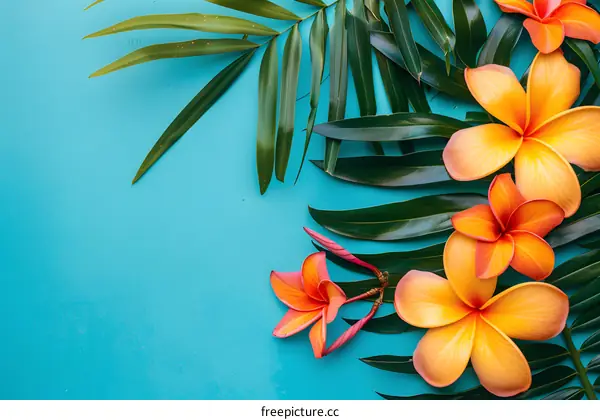 Tropical Flower Bouquet with Green Leaves on Blue Background