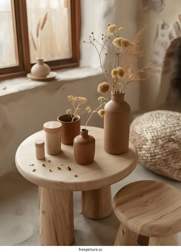 Wooden Table Decorated With Dried Flowers And Vases