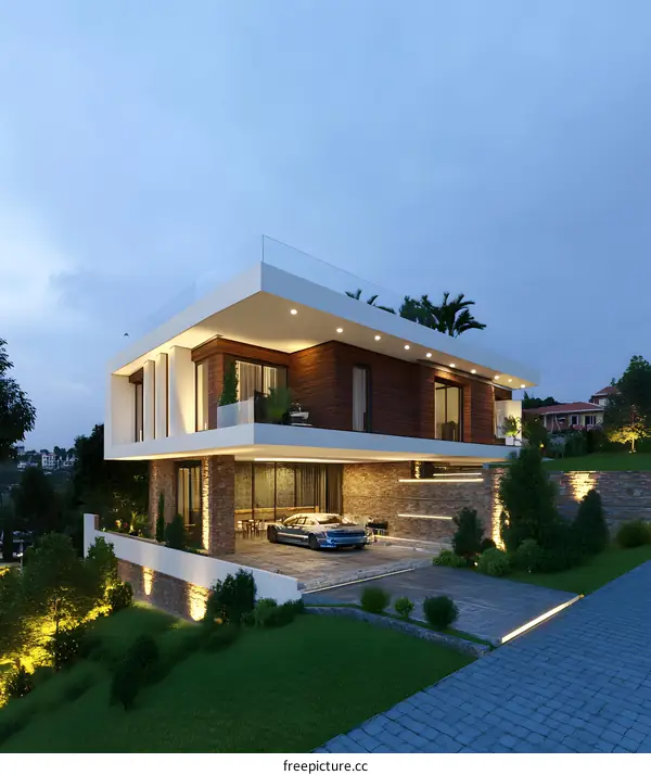 Modern House with Stone Walls and Car in Garage