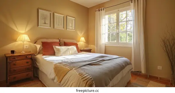 A cozy and inviting bedroom with a large bed, a window, and a dresser.