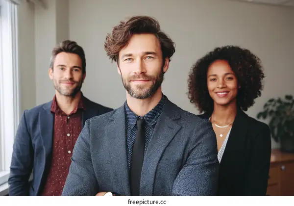 Group of confident business professionals standing in modern office