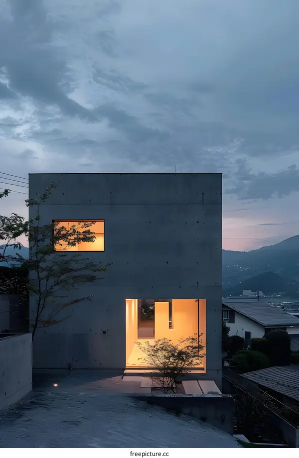 Modern Concrete House with Large Windows and Mountain View