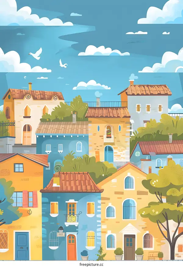 Colorful European Village Illustration with Blue Sky and Clouds