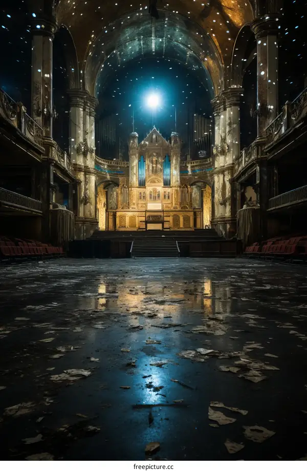 An abandoned theatre with a beautiful stained glass window