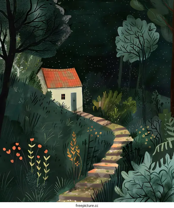 Night Forest Cottage Illustration