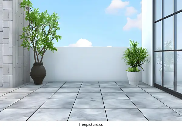 Modern Balcony with Grey Tiles and Two Plants