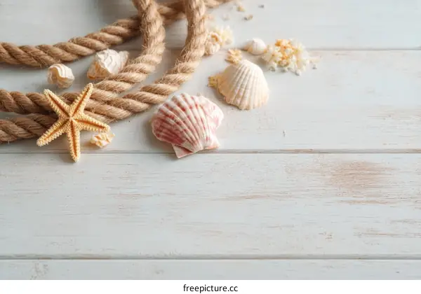 Coastal Seashell and Rope Decor on White Wooden Table