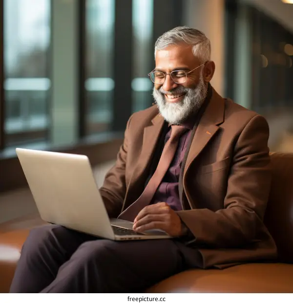 Smiling businessman using laptop