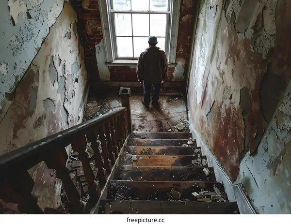 Man Standing on Abandoned Staircase Looking Out Window
