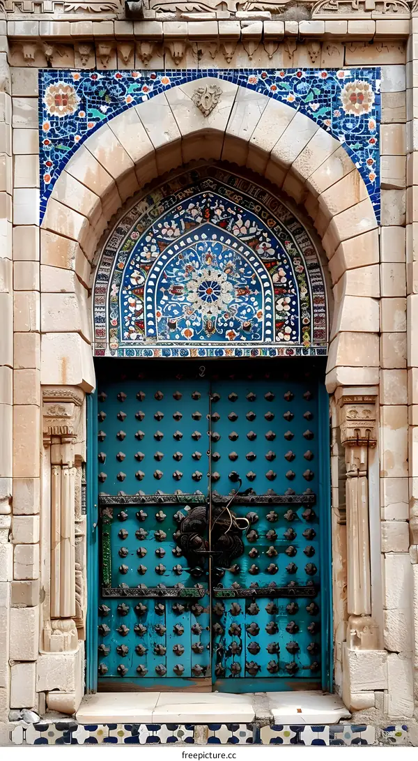 Blue door with mosaic patterns
