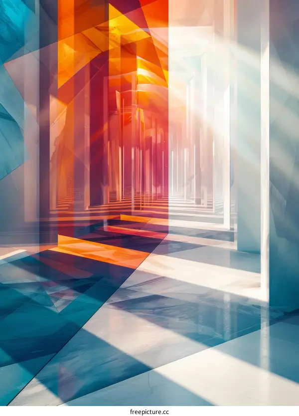 Modern Geometric Building Interior with Bright Colorful Lighting