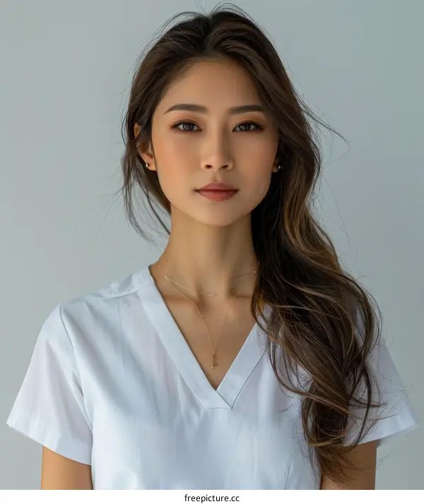 Portrait of a young Asian female doctor wearing a white lab coat