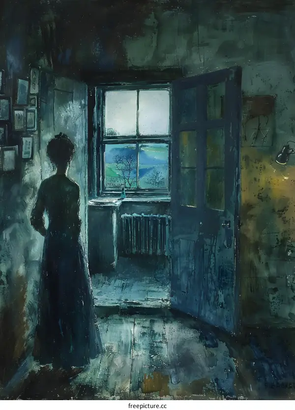 A woman standing in a doorway looking out at a landscape
