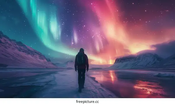 Man walking alone in the snow under the Northern Lights