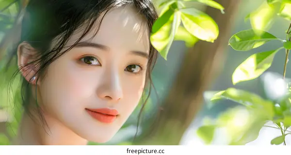 Beautiful Asian Woman With Green Leaves In Her Hair