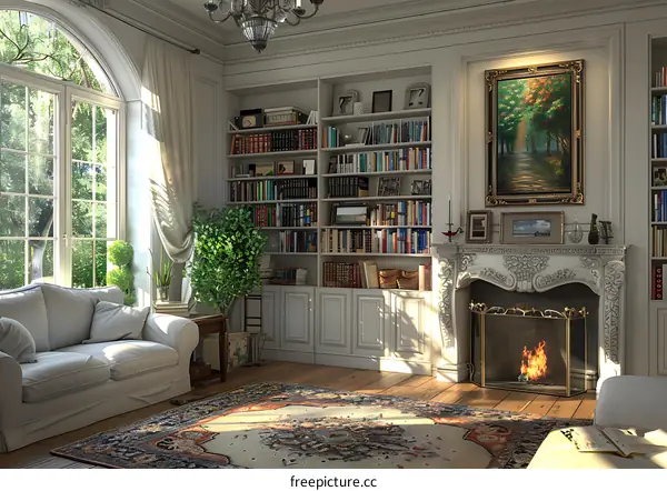 A sofa by the fireplace