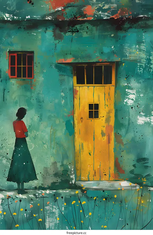 Woman in Green Skirt Standing by Yellow Door
