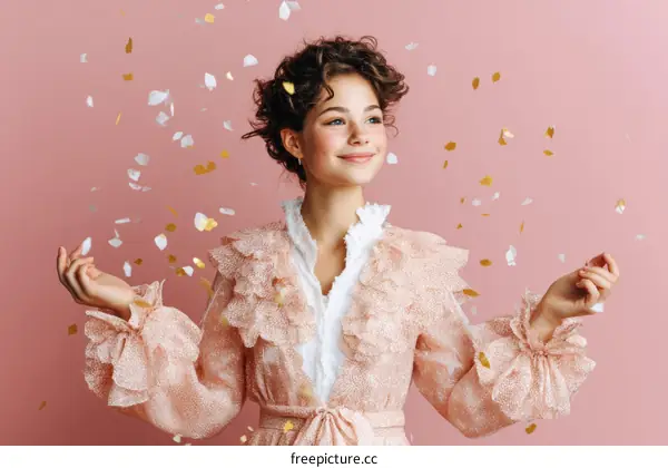 Smiling Girl Throwing Confetti in a Pastel Pink Robe