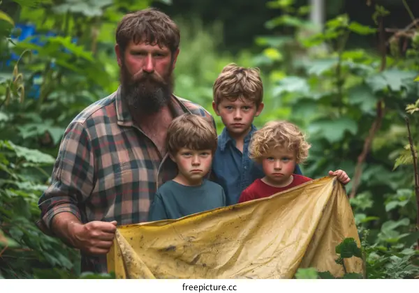 Four white men in the woods holding a tarp